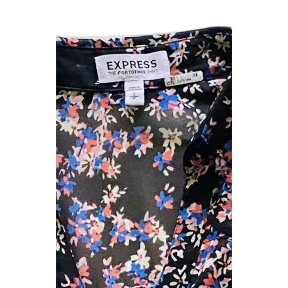 EXPRESS PORTOFINO Button Up Black Sheer Floral Print Top Roll Tab Sleeves Sz S/P - Picture 2 of 10